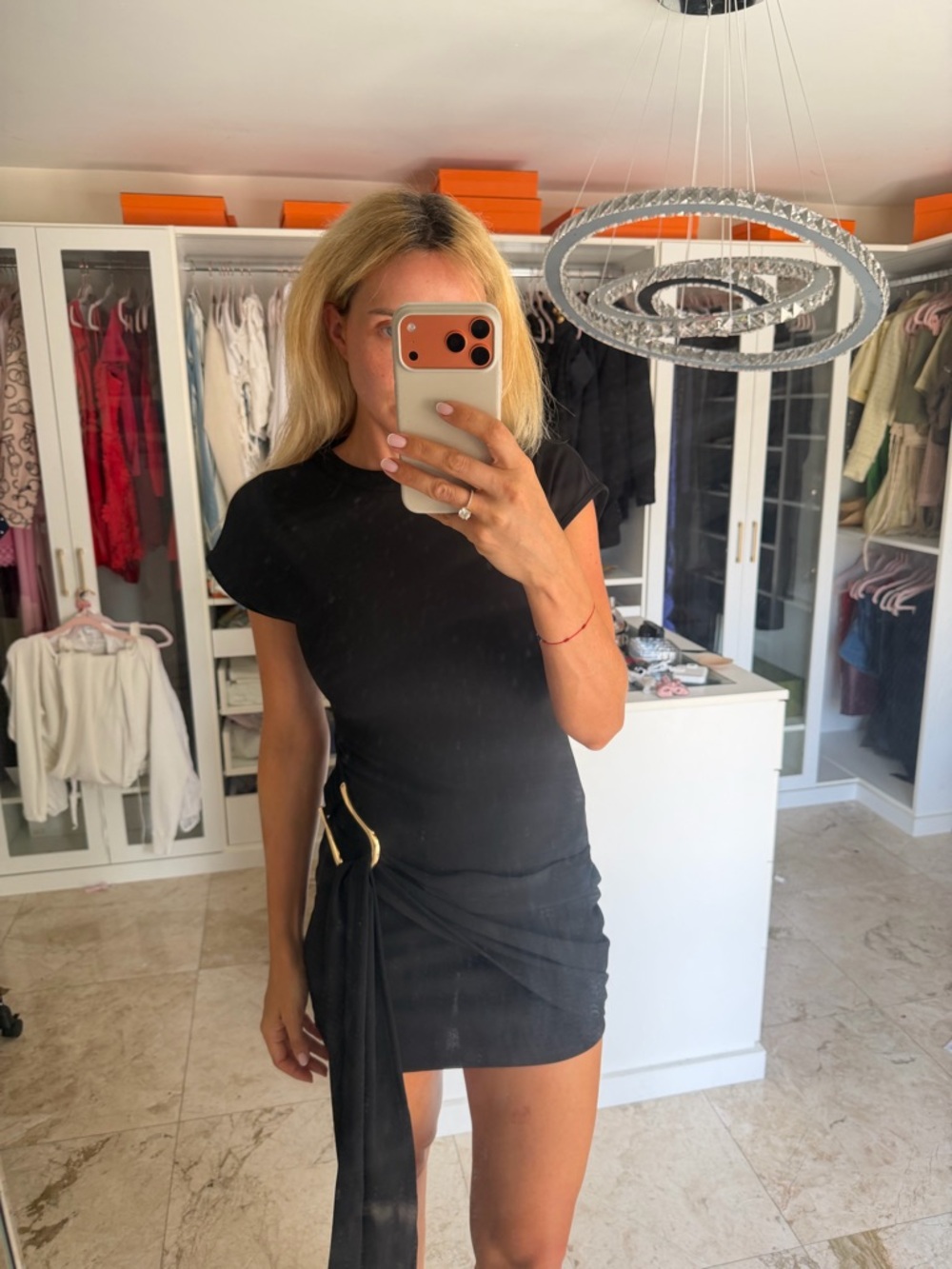 Commense Black Short-Sleeve Mini Dress with Draped Side Sash